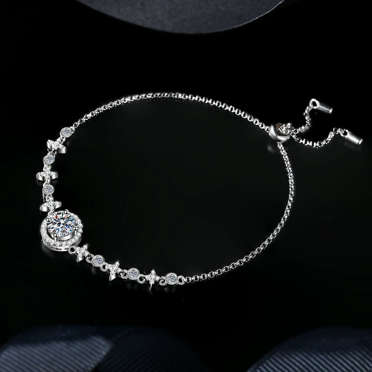 Round Halo Moissanite Bolo Bracelet with CZ in White Gold-Plated S925 sterling silver angled product display showing bracelet silhouette