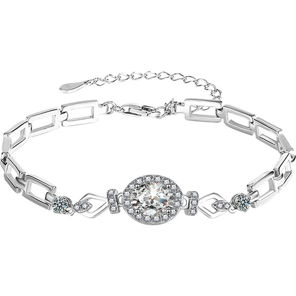 Oval-Cut Moissanite Geometric Bracelet with CZ in White Gold-Plated S925 sterling silver white background product photo showing bracelet shape and moissanite setting