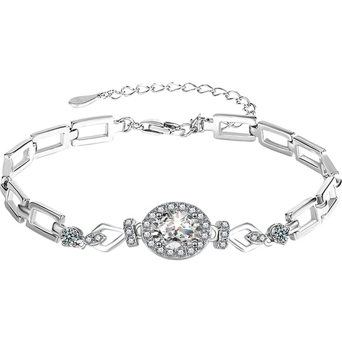 Oval-Cut Moissanite Geometric Bracelet with CZ in White Gold-Plated S925 sterling silver white background product photo showing bracelet shape and moissanite setting
