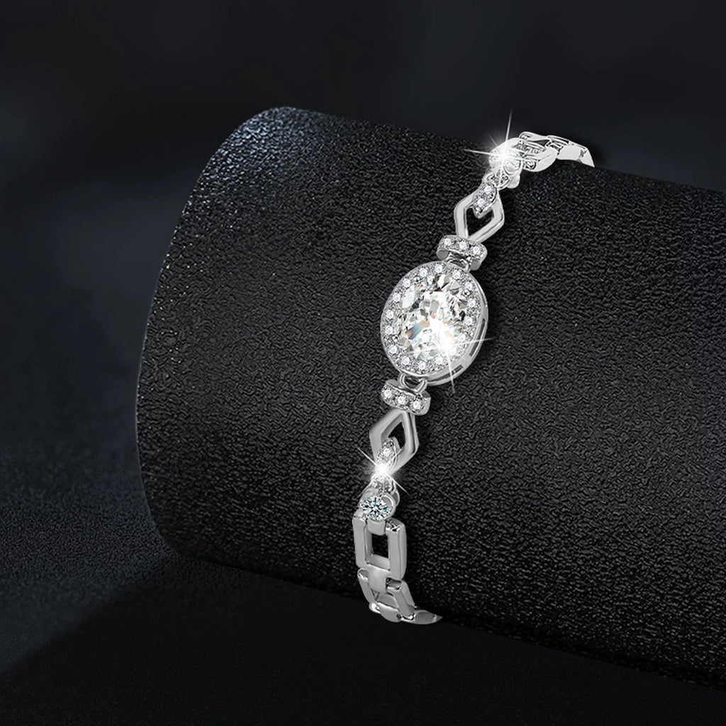 Oval-Cut Moissanite Geometric Bracelet with CZ in White Gold-Plated S925 sterling silver close-up bracelet detail view showing clasp and motif