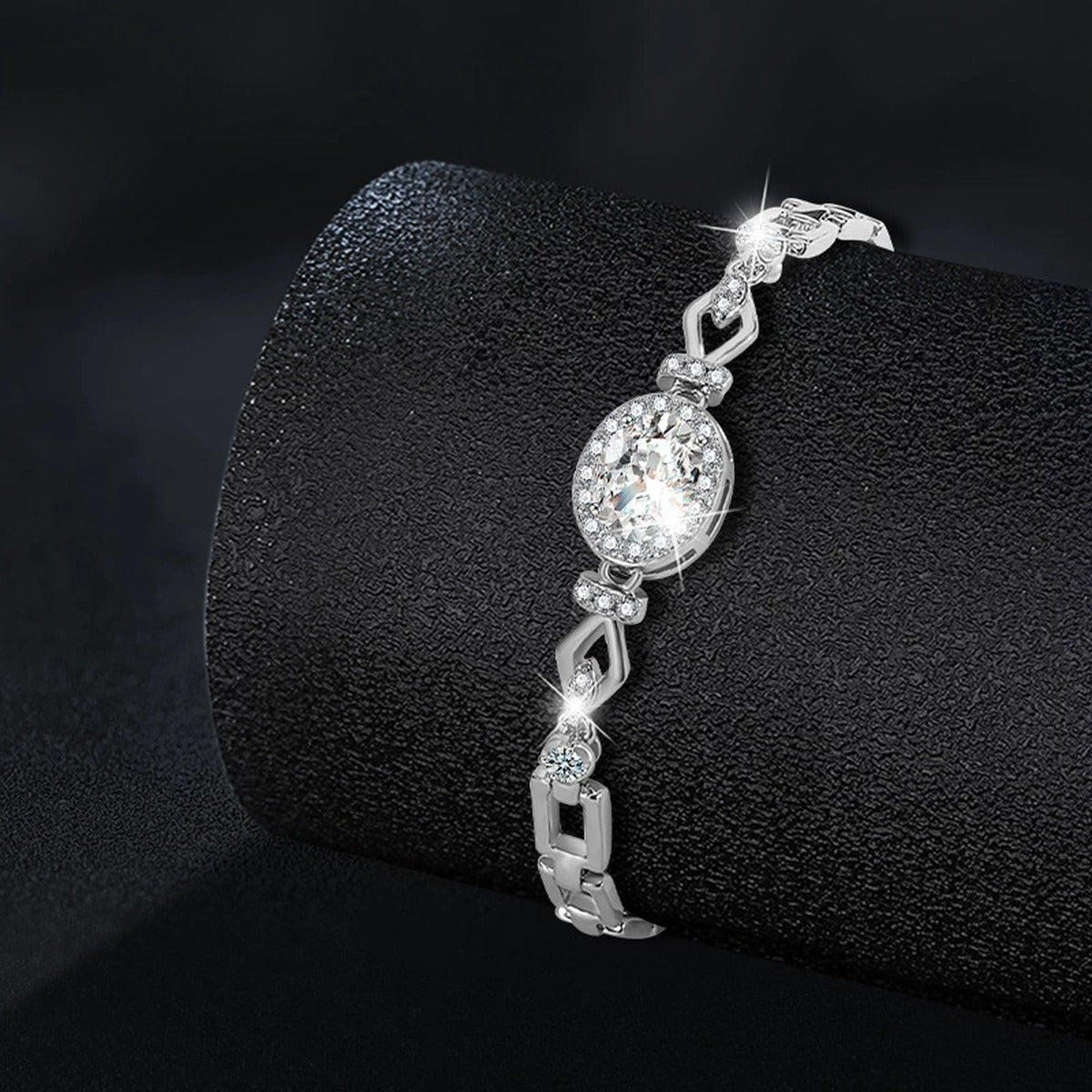 Oval-Cut Moissanite Geometric Bracelet with CZ in White Gold-Plated S925 sterling silver close-up bracelet detail view showing clasp and motif