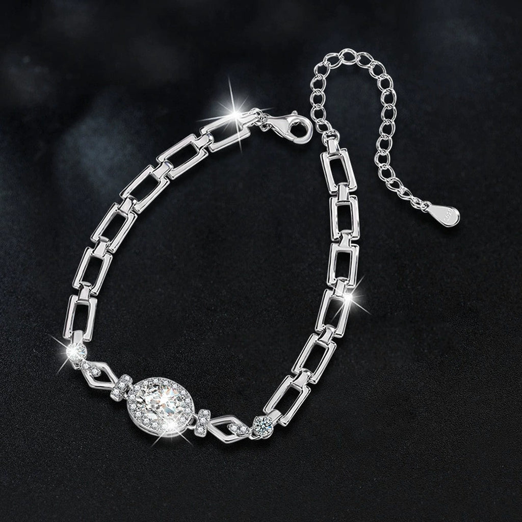 Oval-Cut Moissanite Geometric Bracelet with CZ in White Gold-Plated S925 sterling silver angled product display showing bracelet silhouette
