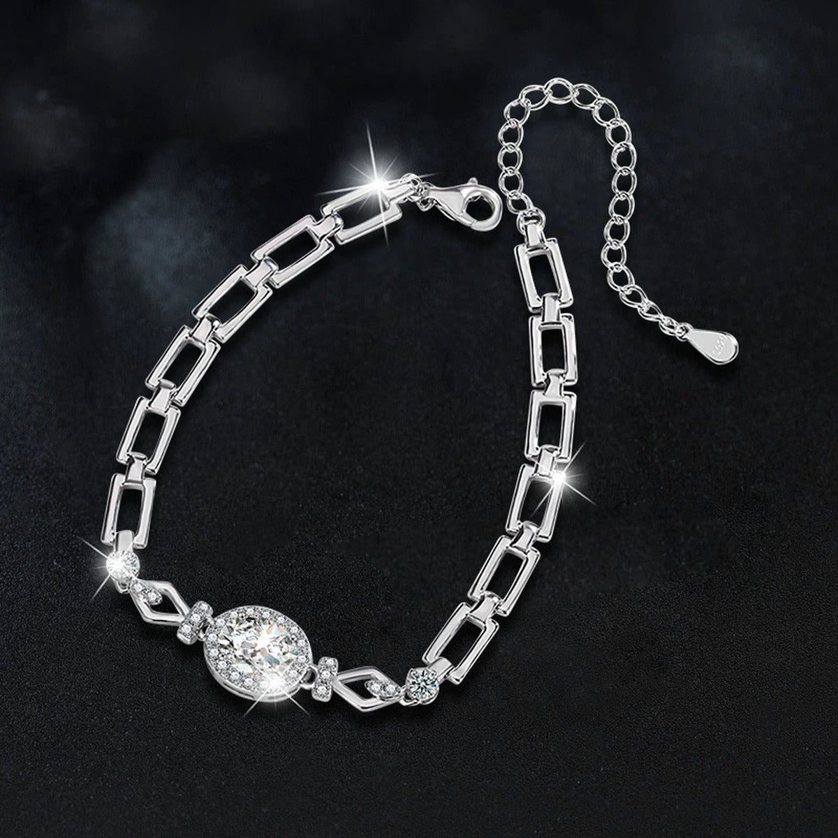 Oval-Cut Moissanite Geometric Bracelet with CZ in White Gold-Plated S925 sterling silver angled product display showing bracelet silhouette