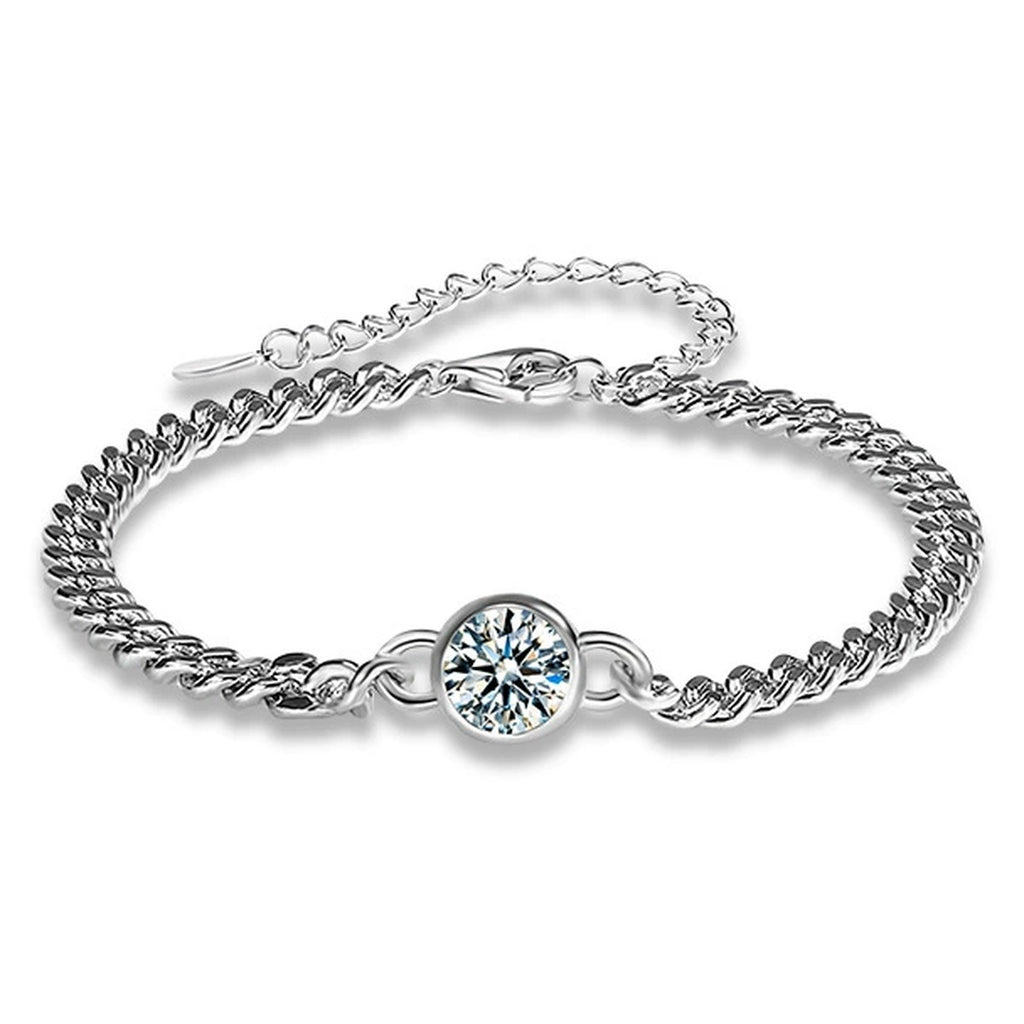 Round Moissanite Beaded Cuban Chain Bracelet in White Gold-Plated S925 sterling silver white background product photo showing bracelet shape and moissanite setting