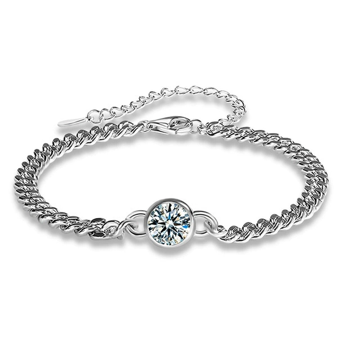 Round Moissanite Beaded Cuban Chain Bracelet in White Gold-Plated S925 sterling silver white background product photo showing bracelet shape and moissanite setting