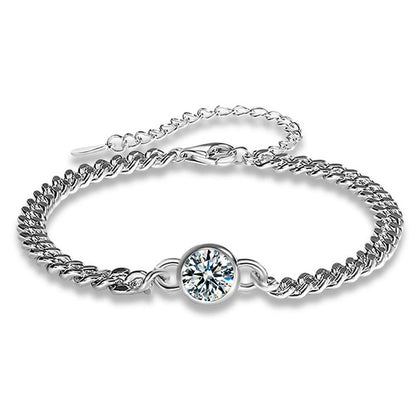 Round Moissanite Beaded Cuban Chain Bracelet in White Gold-Plated S925 sterling silver white background product photo showing bracelet shape and moissanite setting