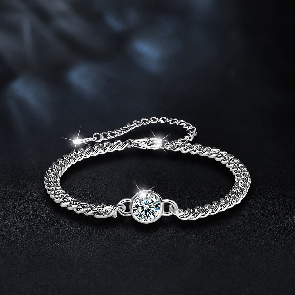 Round Moissanite Beaded Cuban Chain Bracelet in White Gold-Plated S925 sterling silver styled product scene showing stone sparkle and chain detail