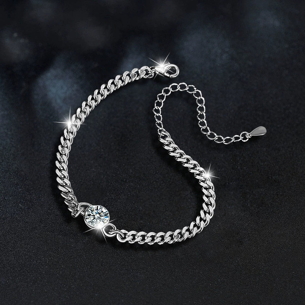 Round Moissanite Beaded Cuban Chain Bracelet in White Gold-Plated S925 sterling silver close-up bracelet detail view showing clasp and motif