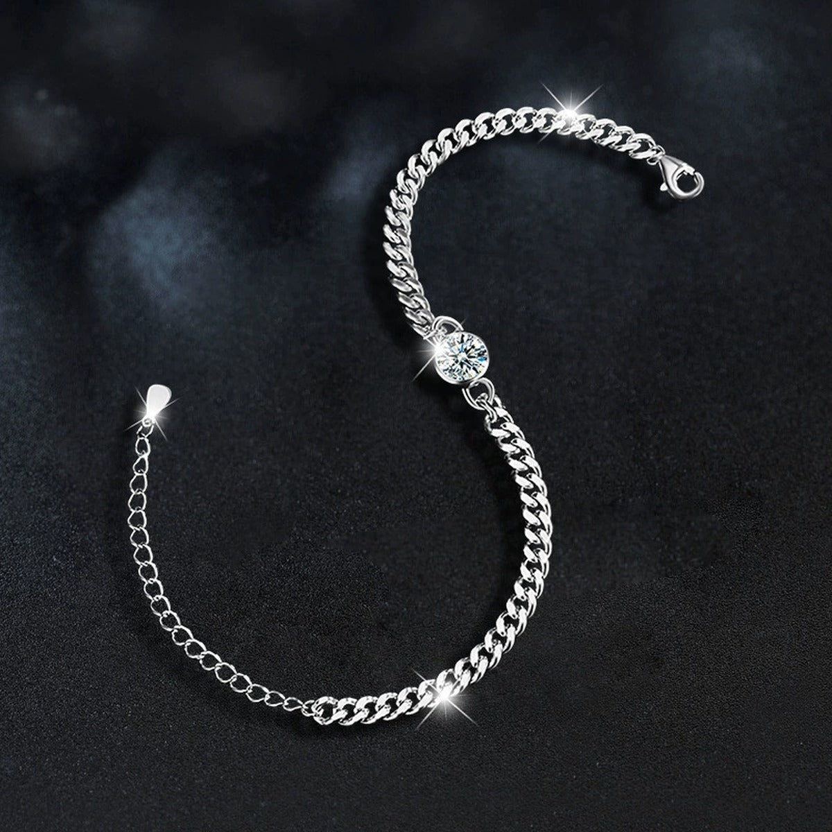 Round Moissanite Beaded Cuban Chain Bracelet in White Gold-Plated S925 sterling silver angled product display showing bracelet silhouette