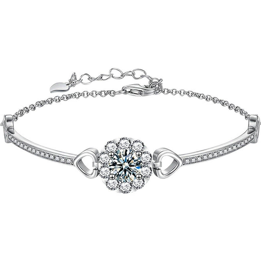 Sunflower Round Moissanite Bracelet with CZ in White Gold-Plated S925 sterling silver white background product photo showing bracelet shape and moissanite setting