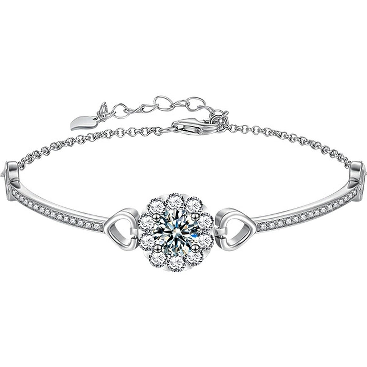 Sunflower Round Moissanite Bracelet with CZ in White Gold-Plated S925 sterling silver white background product photo showing bracelet shape and moissanite setting