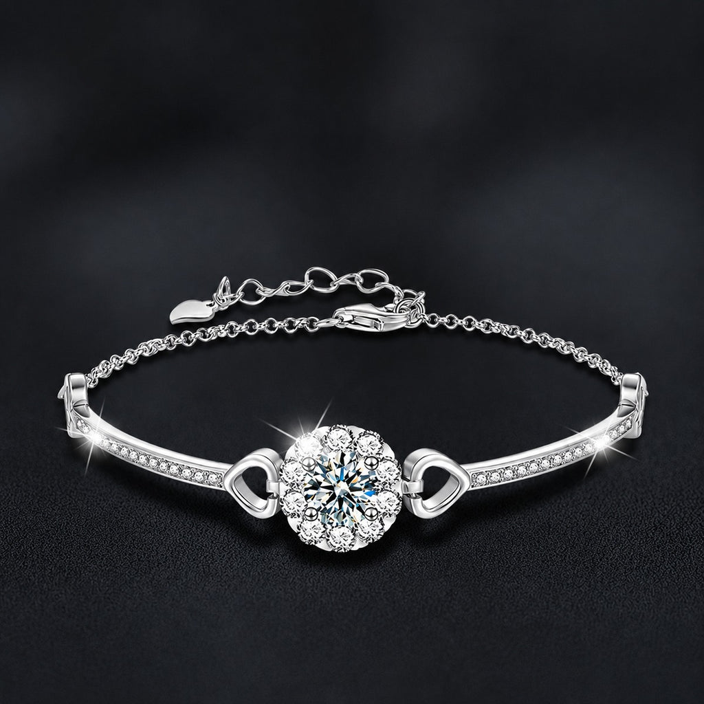 Sunflower Round Moissanite Bracelet with CZ in White Gold-Plated S925 sterling silver styled product scene showing stone sparkle and chain detail
