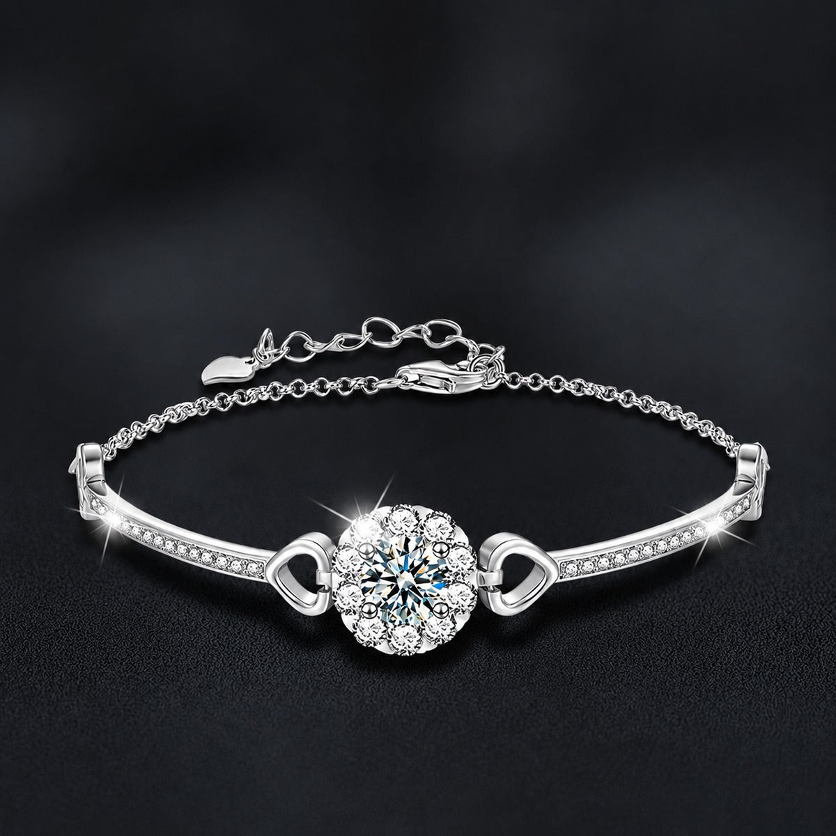 Sunflower Round Moissanite Bracelet with CZ in White Gold-Plated S925 sterling silver styled product scene showing stone sparkle and chain detail