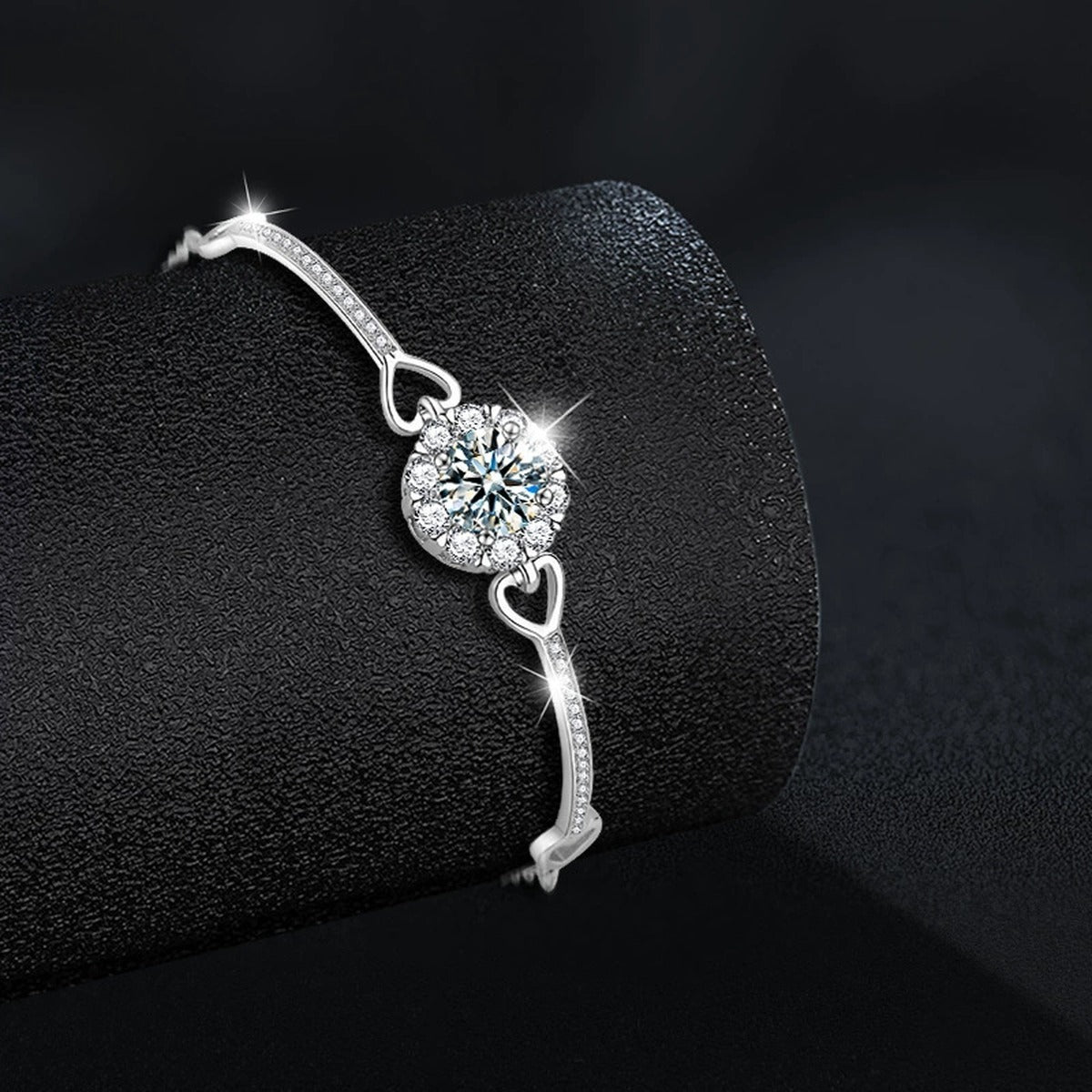 Sunflower Round Moissanite Bracelet with CZ in White Gold-Plated S925 sterling silver close-up bracelet detail view showing clasp and motif