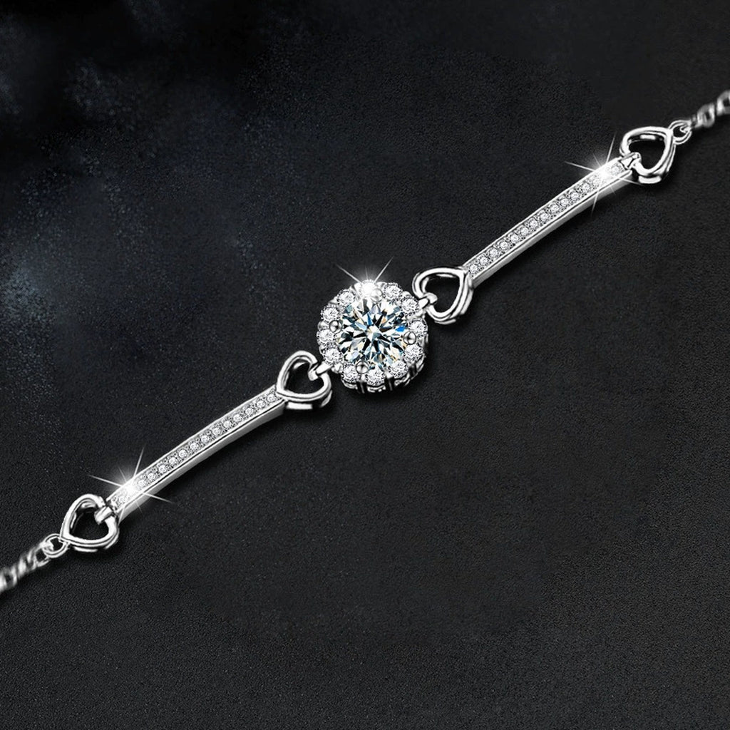 Sunflower Round Moissanite Bracelet with CZ in White Gold-Plated S925 sterling silver angled product display showing bracelet silhouette