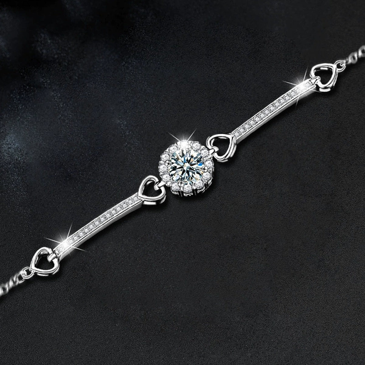 Sunflower Round Moissanite Bracelet with CZ in White Gold-Plated S925 sterling silver angled product display showing bracelet silhouette