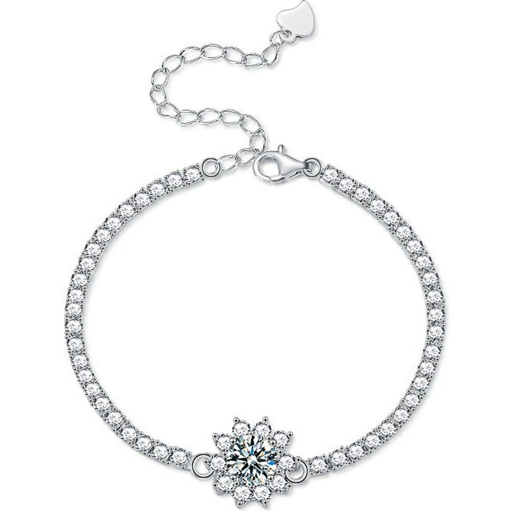 Sunflower Round Moissanite Tennis Bracelet with CZ in White Gold-Plated S925 sterling silver white background product photo showing bracelet shape and moissanite setting