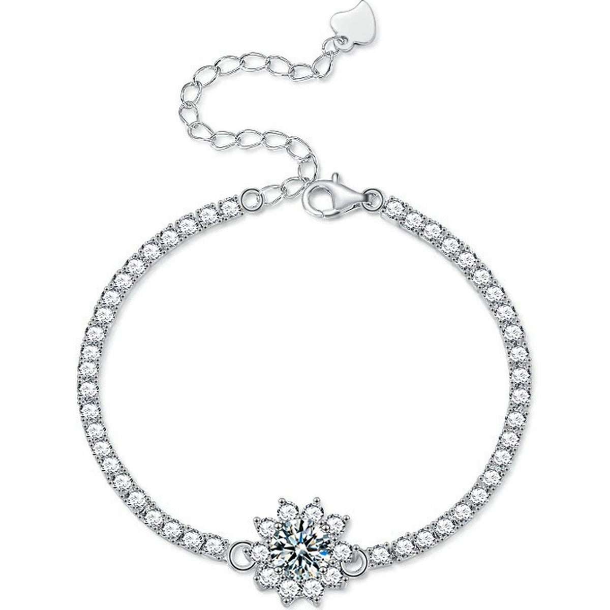 Sunflower Round Moissanite Tennis Bracelet with CZ in White Gold-Plated S925 sterling silver white background product photo showing bracelet shape and moissanite setting