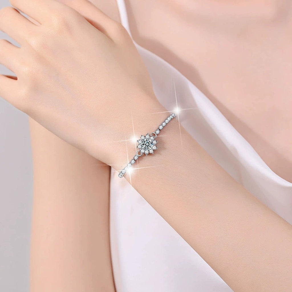 Sunflower Round Moissanite Tennis Bracelet with CZ in White Gold-Plated S925 sterling silver worn on wrist model view showing scale and adjustable fit