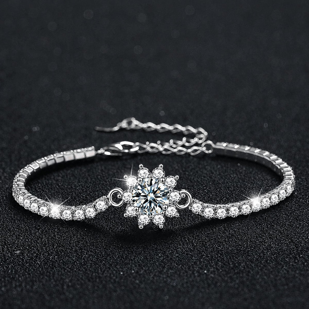 Sunflower Round Moissanite Tennis Bracelet with CZ in White Gold-Plated S925 sterling silver styled product scene showing stone sparkle and chain detail