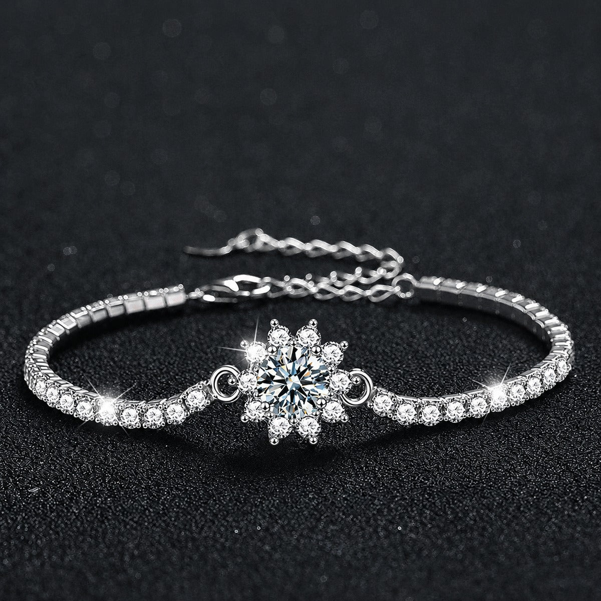 Sunflower Round Moissanite Tennis Bracelet with CZ in White Gold-Plated S925 sterling silver styled product scene showing stone sparkle and chain detail