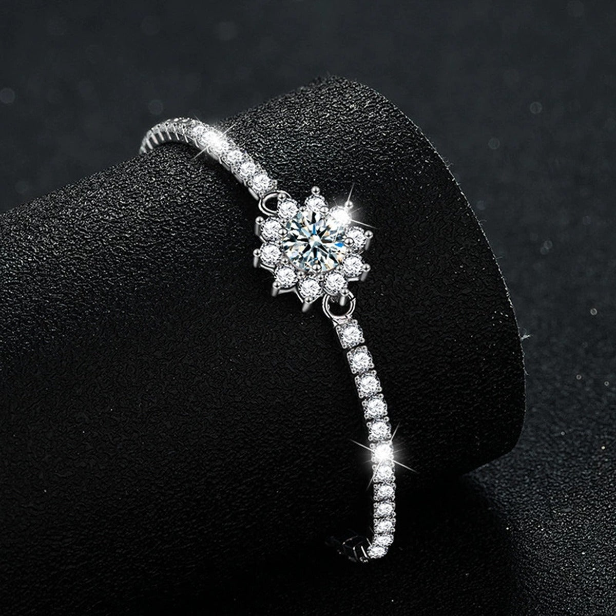 Sunflower Round Moissanite Tennis Bracelet with CZ in White Gold-Plated S925 sterling silver close-up bracelet detail view showing clasp and motif