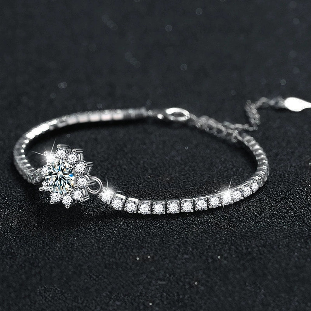 Sunflower Round Moissanite Tennis Bracelet with CZ in White Gold-Plated S925 sterling silver angled product display showing bracelet silhouette