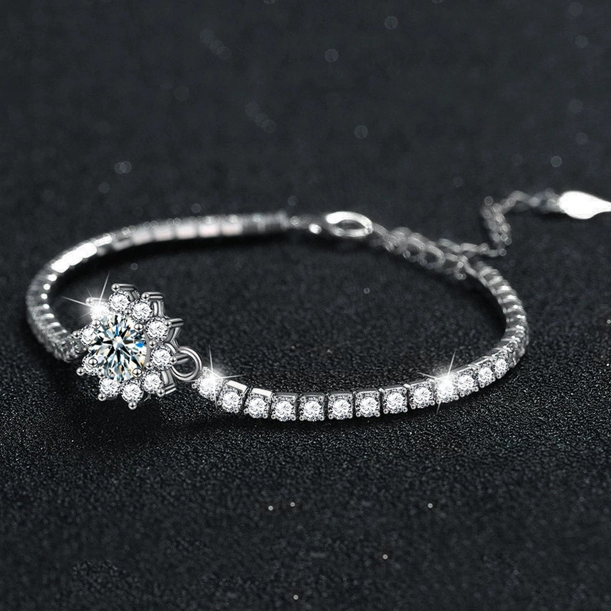 Sunflower Round Moissanite Tennis Bracelet with CZ in White Gold-Plated S925 sterling silver angled product display showing bracelet silhouette