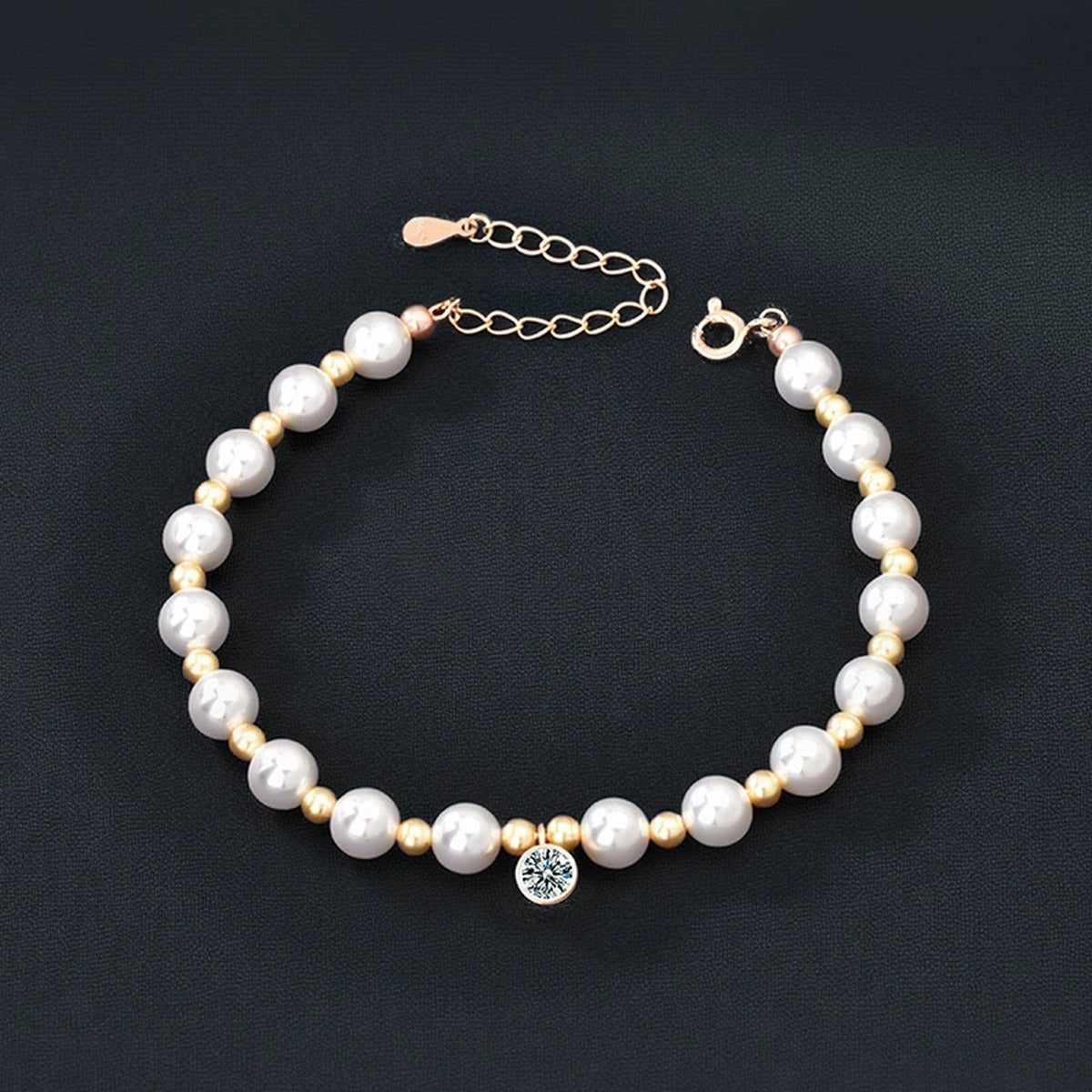 Round Moissanite Beaded Bracelet in Yellow Gold-Plated S925 sterling silver angled product display showing bracelet silhouette