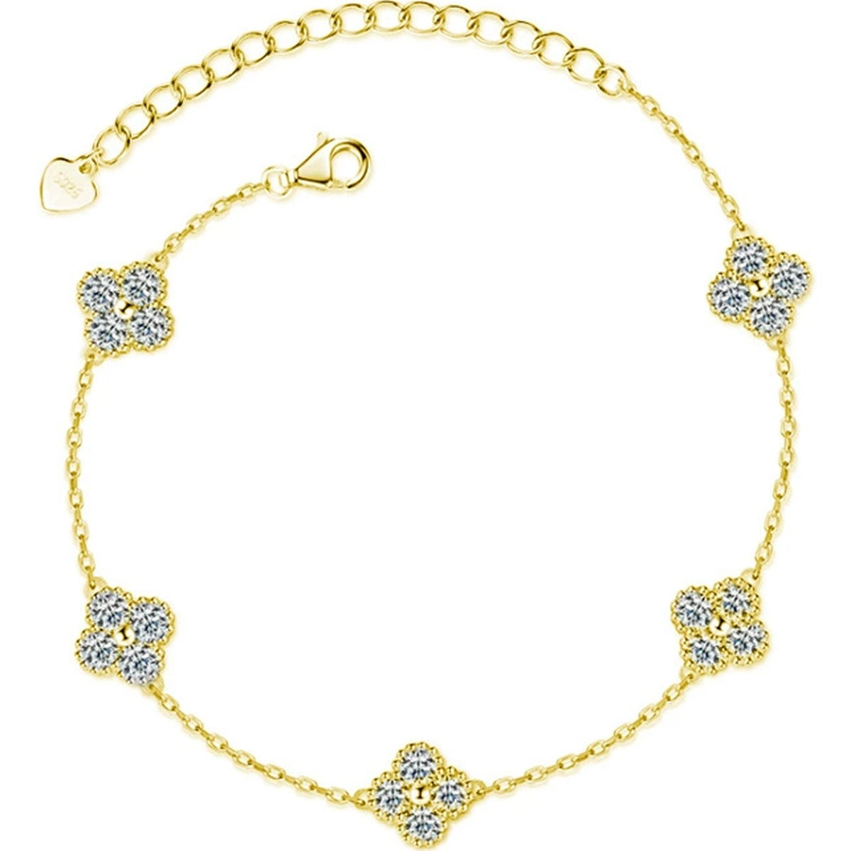 Five-Clover Round Moissanite Bracelet in Gold-Plated S925 sterling silver white background product photo showing bracelet shape and moissanite setting