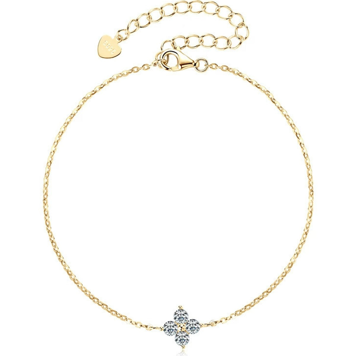 Clover Round Moissanite Charm Bracelet in Gold-Plated S925 sterling silver white background product photo showing bracelet shape and moissanite setting