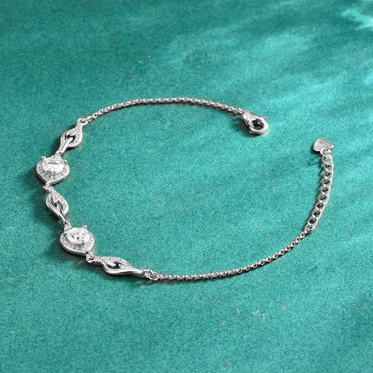 Heart and Butterfly Round Moissanite Bracelet with CZ in Gold-Plated S925 sterling silver angled product display showing bracelet silhouette