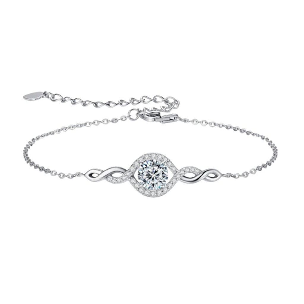 Infinity Halo Round Moissanite Bracelet with CZ in Gold-Plated S925 sterling silver styled product scene showing stone sparkle and chain detail