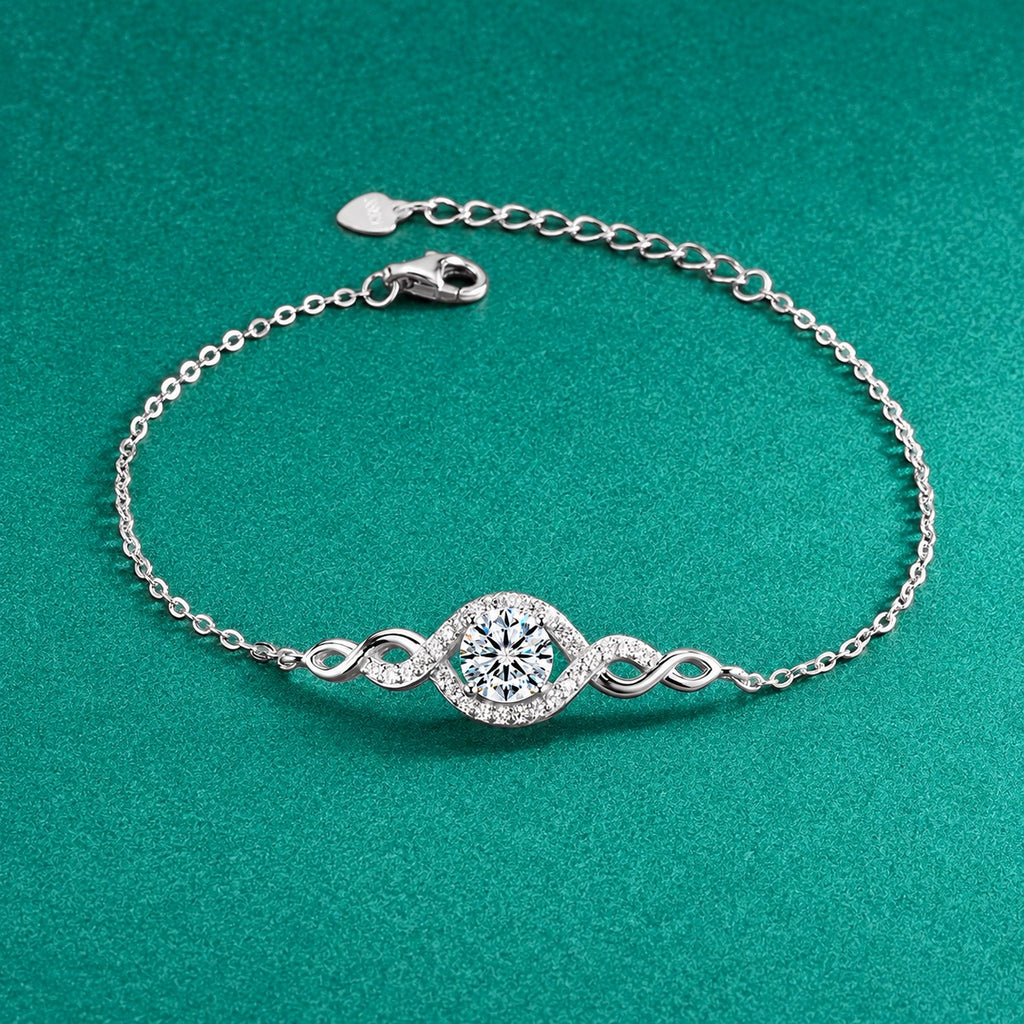 Infinity Halo Round Moissanite Bracelet with CZ in Gold-Plated S925 sterling silver close-up bracelet detail view showing clasp and motif