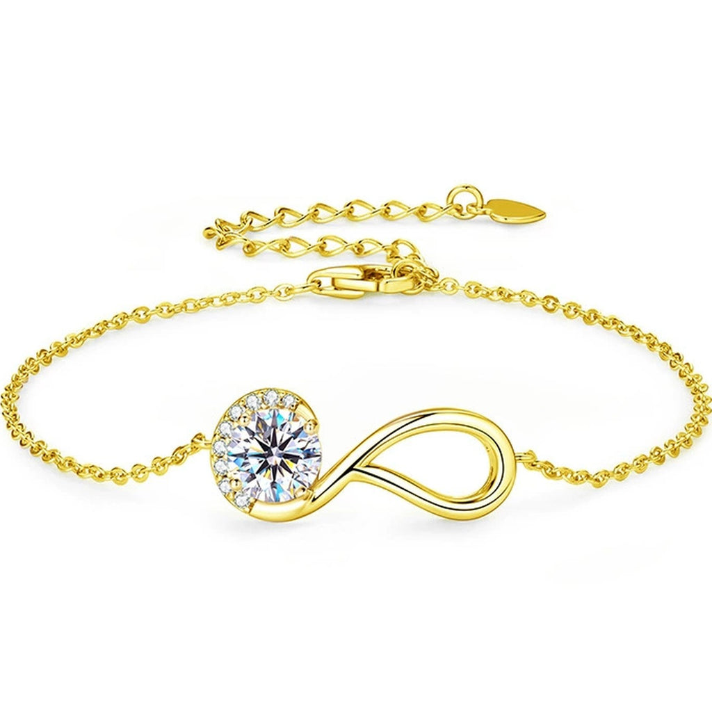 Infinity Round Moissanite Bracelet with CZ in Gold-Plated S925 sterling silver white background product photo showing bracelet shape and moissanite setting