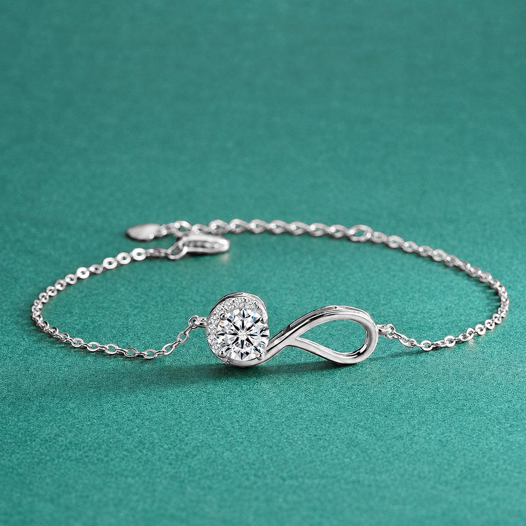 Infinity Round Moissanite Bracelet with CZ in Gold-Plated S925 sterling silver close-up bracelet detail view showing clasp and motif