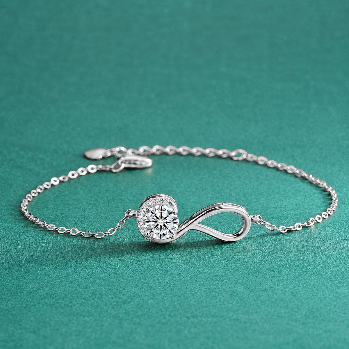 Infinity Round Moissanite Bracelet with CZ in Gold-Plated S925 sterling silver close-up bracelet detail view showing clasp and motif