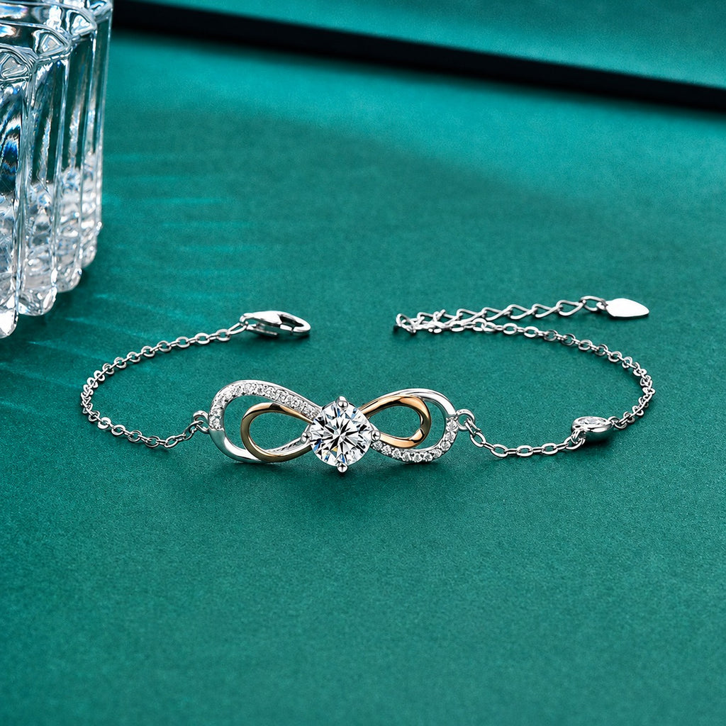Galaxy Infinity Round Moissanite Bracelet with CZ in White Gold-Plated S925 sterling silver styled product scene showing stone sparkle and chain detail