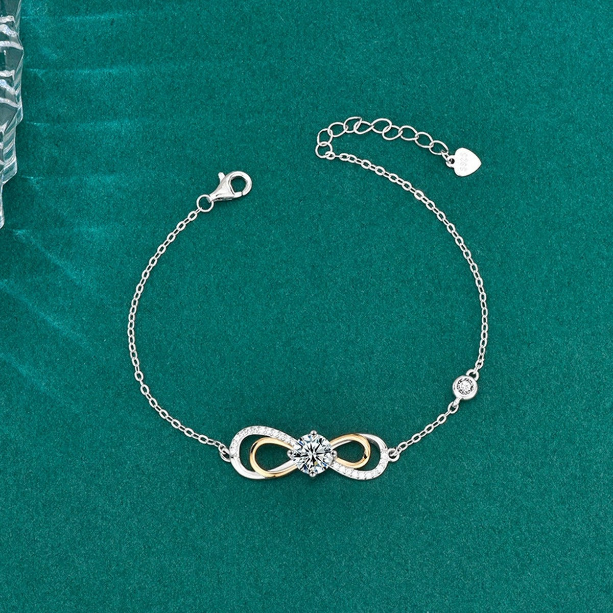 Galaxy Infinity Round Moissanite Bracelet with CZ in White Gold-Plated S925 sterling silver close-up bracelet detail view showing clasp and motif