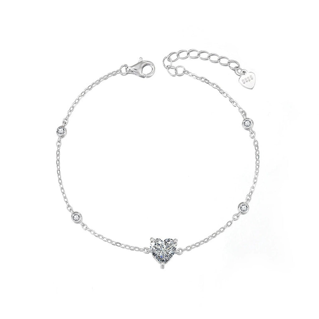 Heart-Cut Moissanite Charm Bracelet with CZ in Gold-Plated S925 sterling silver styled product scene showing stone sparkle and chain detail