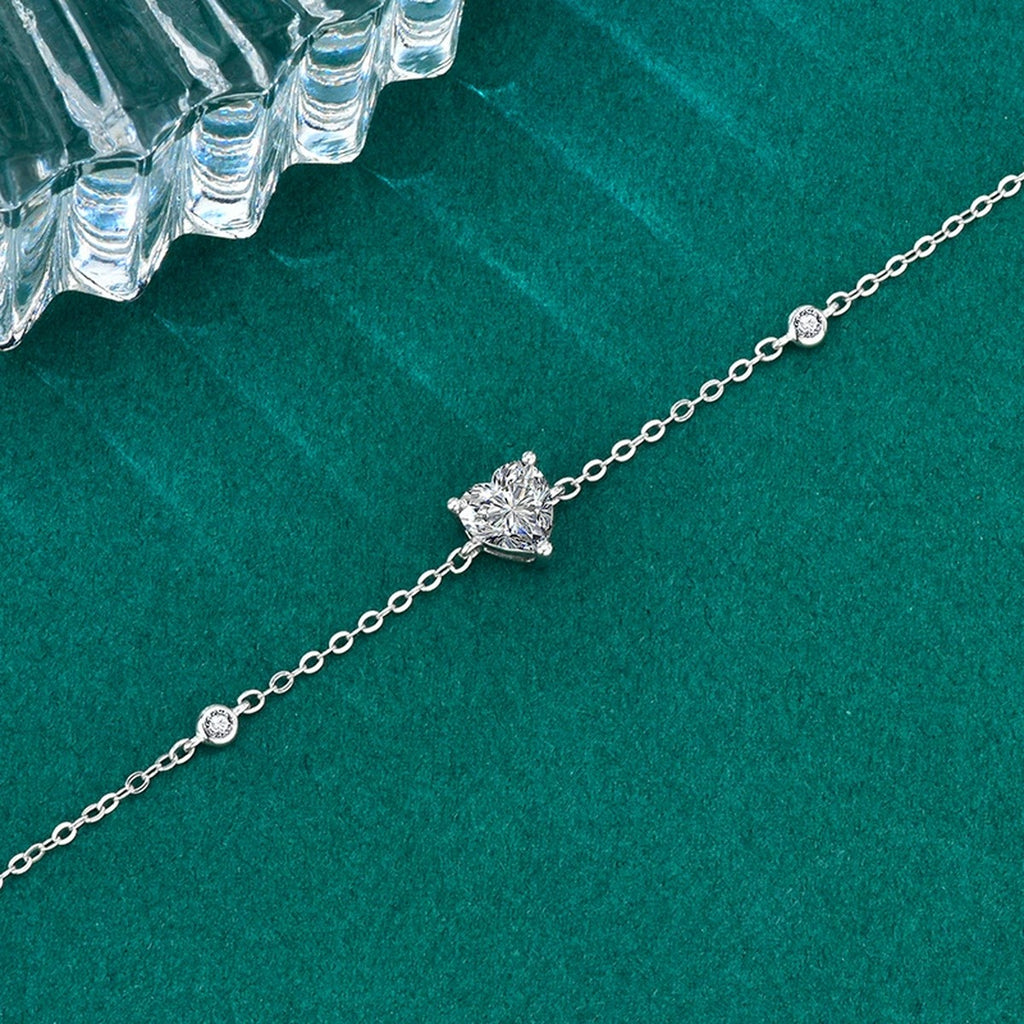 Heart-Cut Moissanite Charm Bracelet with CZ in Gold-Plated S925 sterling silver angled product display showing bracelet silhouette