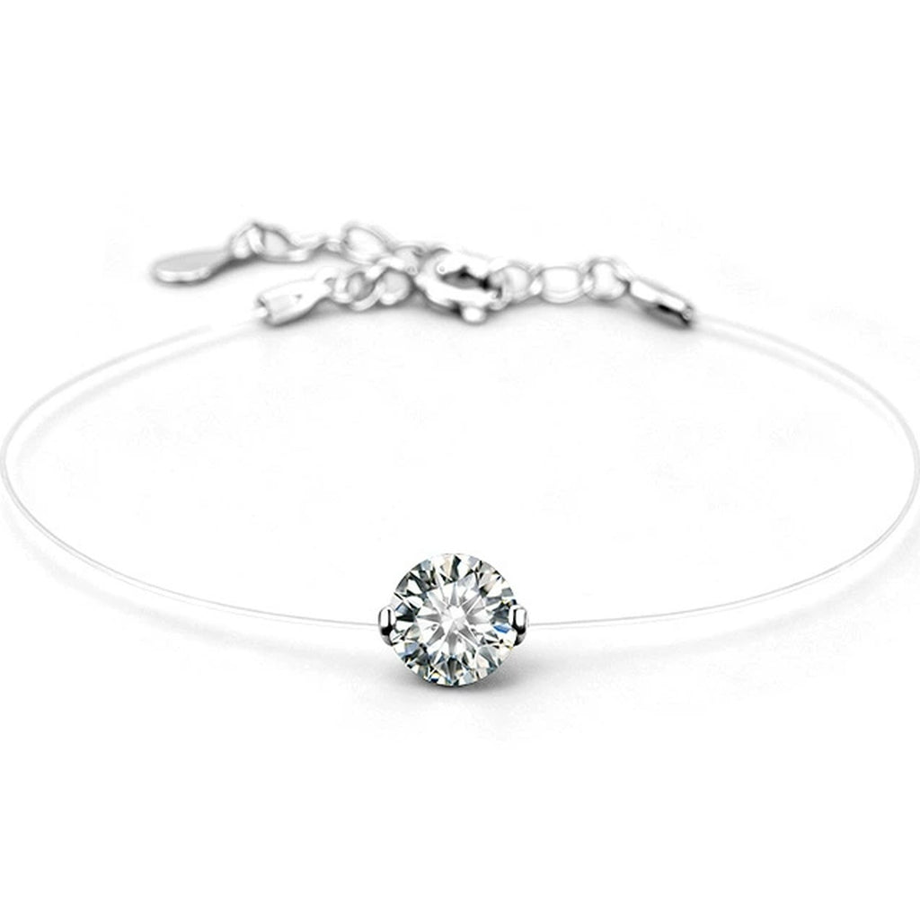 Round Moissanite Invisible Chain Bracelet in White Gold-Plated S925 sterling silver white background product photo showing bracelet shape and moissanite setting