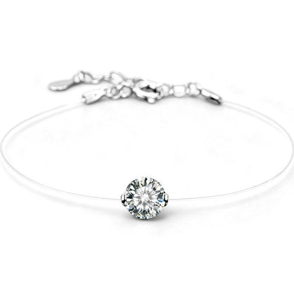 Round Moissanite Invisible Chain Bracelet in White Gold-Plated S925 sterling silver white background product photo showing bracelet shape and moissanite setting