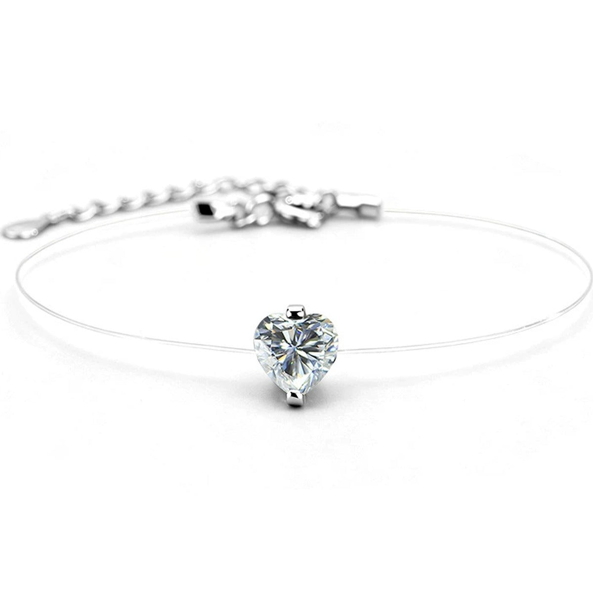 Heart-Cut Moissanite Invisible Chain Bracelet in White Gold-Plated S925 sterling silver white background product photo showing bracelet shape and moissanite setting