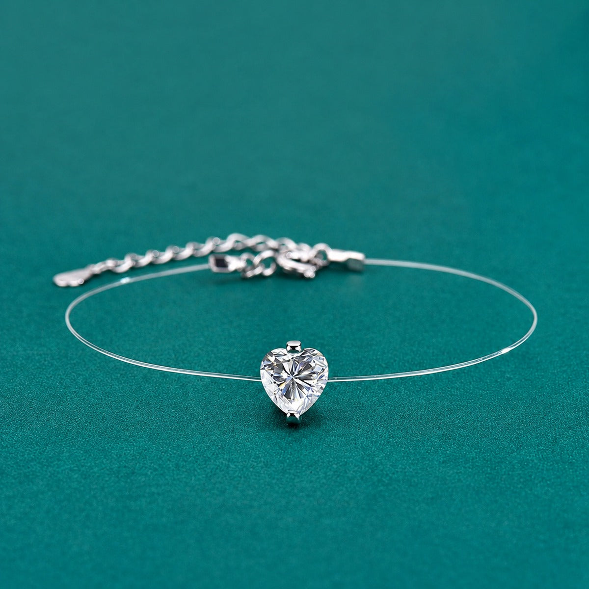 Heart-Cut Moissanite Invisible Chain Bracelet in White Gold-Plated S925 sterling silver styled product scene showing stone sparkle and chain detail