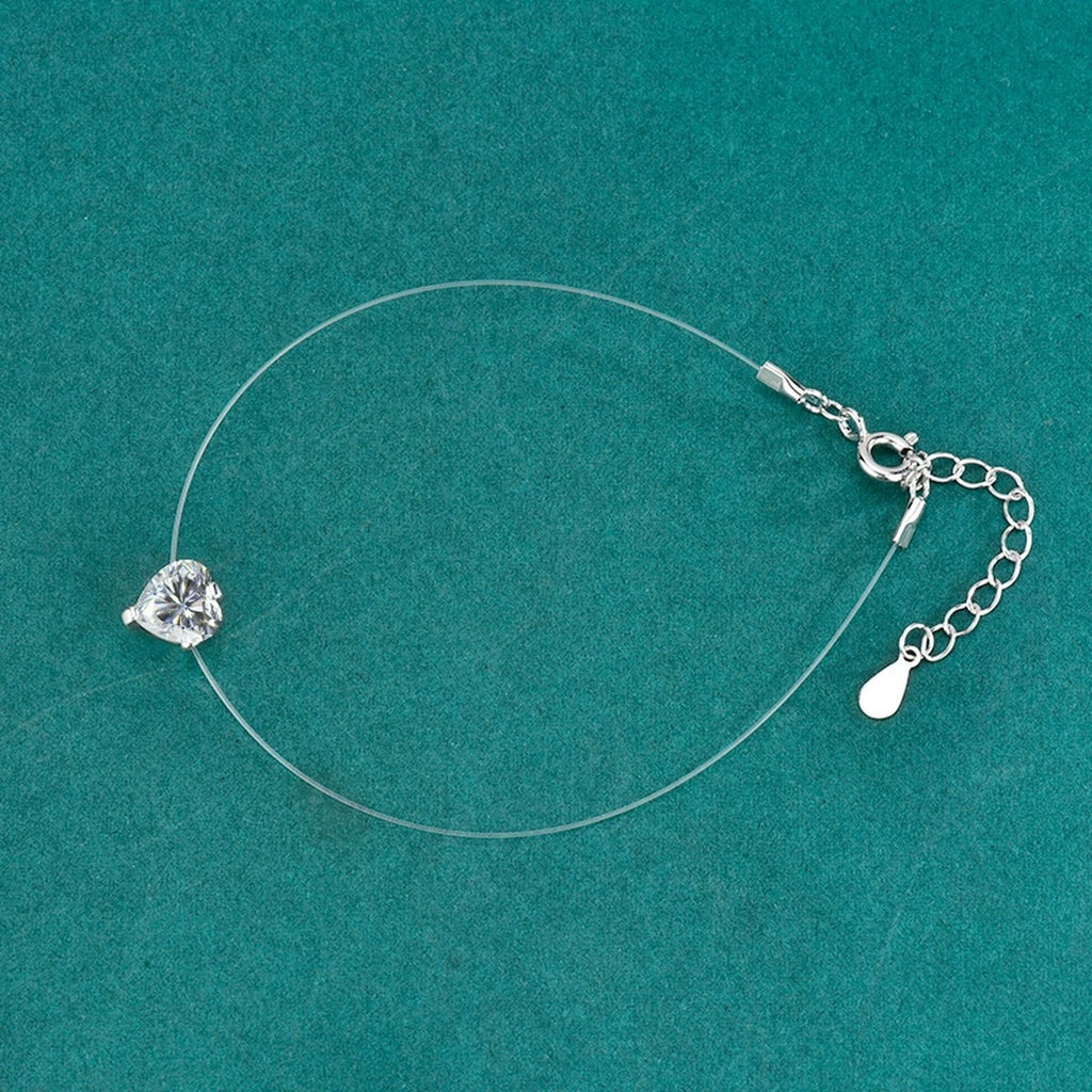 Heart-Cut Moissanite Invisible Chain Bracelet in White Gold-Plated S925 sterling silver angled product display showing bracelet silhouette