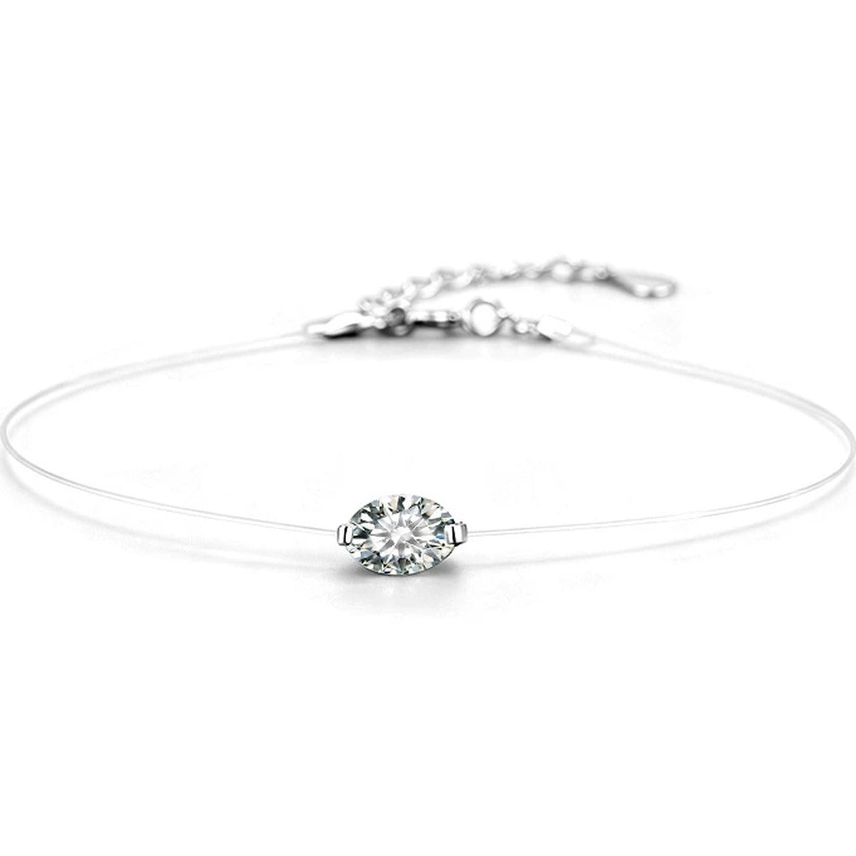 Oval-Cut Moissanite Invisible Chain Bracelet in White Gold-Plated S925 sterling silver white background product photo showing bracelet shape and moissanite setting