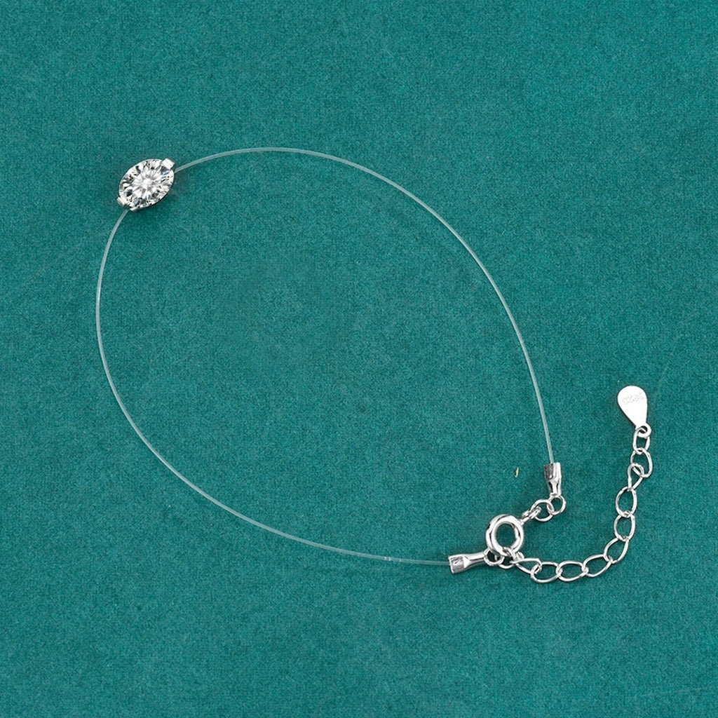 Oval-Cut Moissanite Invisible Chain Bracelet in White Gold-Plated S925 sterling silver close-up bracelet detail view showing clasp and motif