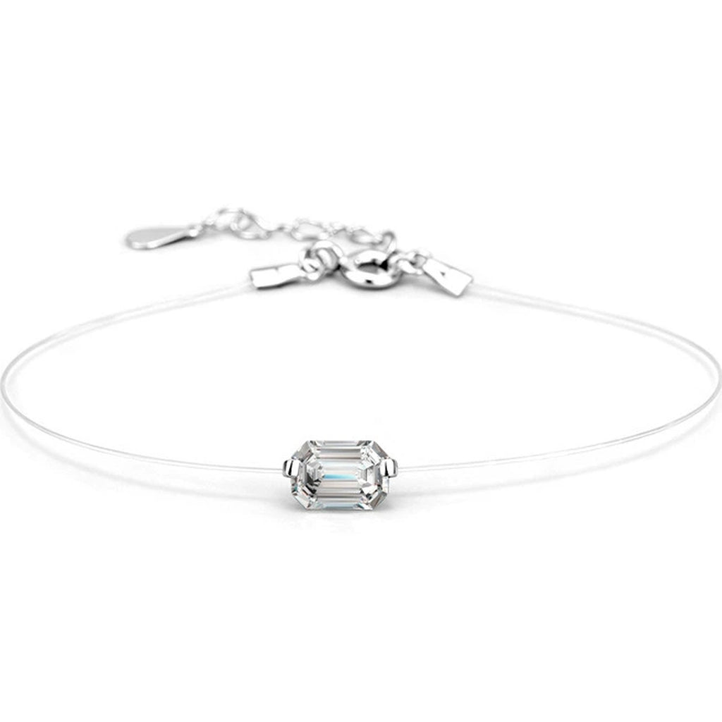 Emerald or Radiant-Cut Moissanite Invisible Chain Bracelet in White Gold-Plated S925 sterling silver white background product photo showing bracelet shape and moissanite setting
