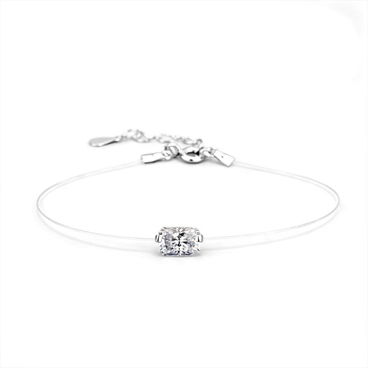 Emerald or Radiant-Cut Moissanite Invisible Chain Bracelet in White Gold-Plated S925 sterling silver styled product scene showing stone sparkle and chain detail